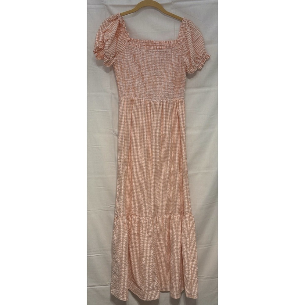 Altard State Peach Orange Gingham Seersucker Midi Dress Smocked Bodice M - Picture 2 of 5